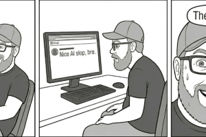 A guy proudly posts his comic online, gets a comment calling it AI slop, then embraces it by updating his bio to Professional AI Slop Chef.