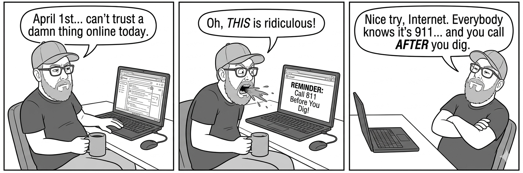 A guy who doesn't trust the internet on April 1st sees a reminder to call 811 before you dig, thinks it's a prank because everybody knows it's 911... and you call AFTER you dig.