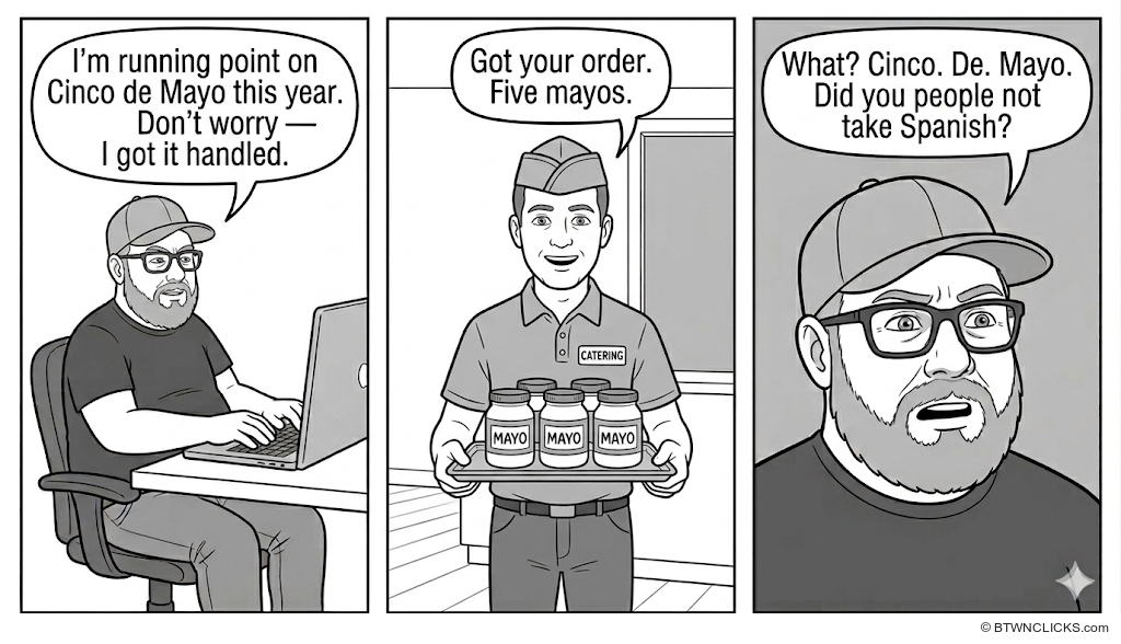 Panel 1: A heavyset man in a baseball cap and glasses sits at a laptop. His speech bubble reads: 'I'm running point on Cinco de Mayo this year. Don't worry — I got it handled.' Panel 2: A smiling catering worker in a uniform and hat holds a tray with five jars of mayonnaise labeled 'MAYO'. His speech bubble reads: 'Got your order. Five mayos.' Panel 3: Close-up of the man's face, looking stunned and aghast. His speech bubble reads: 'What? Cinco. De. Mayo. Did you people not take Spanish?'