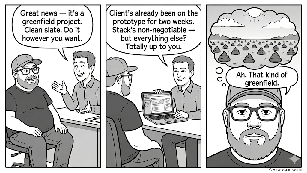 Panel 1: A heavyset man in a baseball cap and glasses sits across a table from an enthusiastic younger man. The younger man gestures openly, his speech bubble reading: 'Great news — it's a greenfield project. Clean slate. Do it however you want.' Panel 2: The same meeting, now with a laptop open on the table. The younger man smiles and says: 'Client's already been on the prototype for two weeks. Stack's non-negotiable — but everything else? Totally up to you.' Panel 3: Close-up on the heavyset man's deadpan face. A thought bubble above him shows a sun-lit field densely covered in piles of poop. His speech bubble reads: 'Ah. That kind of greenfield.'