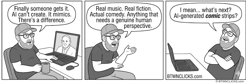 Panel 1: A heavyset bearded man in a baseball cap and glasses sits at his desk with a coffee mug, gesturing toward his laptop screen which shows a photo of what appears to be the Pope giving a speech. His speech bubble reads: 'Finally someone gets it. AI can't create. It mimics. There's a difference.' Panel 2: The same man stands and gestures expressively with both hands, speech bubble reading: 'Real music. Real fiction. Actual comedy. Anything that needs a genuine human perspective.' Panel 3: The man sits across from his laptop, arms crossed, grinning smugly at the screen. His speech bubble reads: 'I mean… what's next? AI-generated comic strips?'