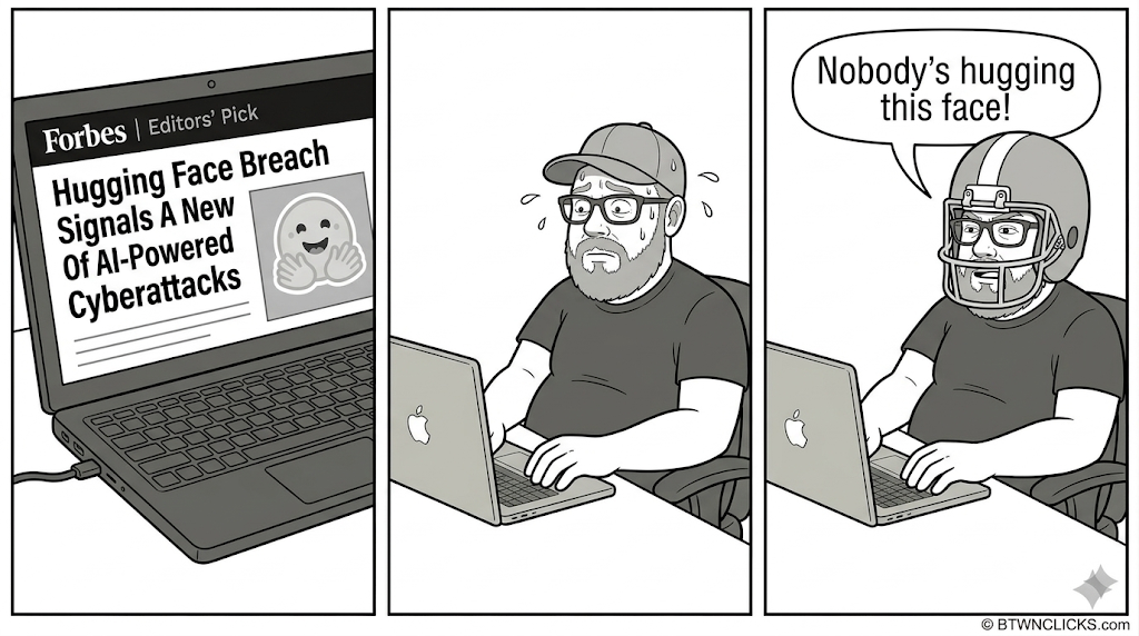 Panel 1: A laptop screen displays a Forbes 'Editors' Pick' article with the headline 'Hugging Face Breach Signals A New Of AI-Powered Cyberattacks,' next to the Hugging Face emoji logo. Panel 2: A bearded man in a baseball cap and glasses sits at his laptop, sweating profusely, staring at the screen with a worried expression. Panel 3: The same man now wears a full football helmet over his cap and glasses while still typing at his laptop. His speech bubble reads: 'Nobody's hugging this face!'