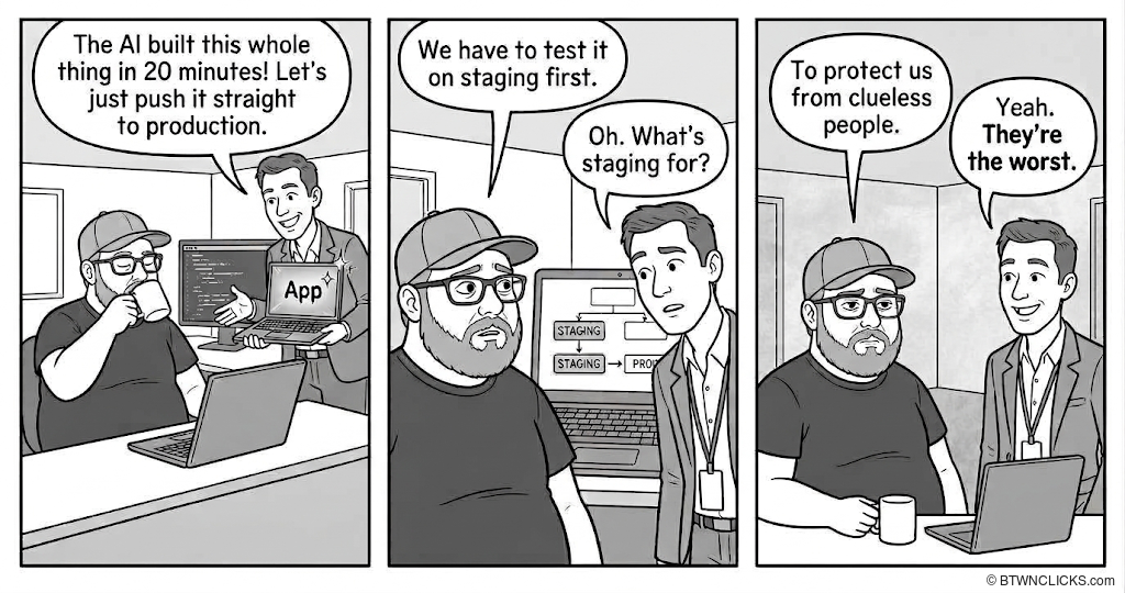 Panel 1: In a cluttered office, a heavyset bearded man in a baseball cap and glasses sits at a desk sipping from a mug, a laptop open in front of him. A cheerful man in a suit stands beside him holding up a laptop whose screen reads 'App', with a sparkle beside it. His speech bubble reads: 'The AI built this whole thing in 20 minutes! Let's just push it straight to production.' Panel 2: Close-up of the bearded man in the cap, looking worried and wary. Behind him a monitor shows a flowchart with boxes labeled 'STAGING' and 'PROD'. The suited man, now wearing a lanyard, looks puzzled. The bearded man's bubble reads: 'We have to test it on staging first.' The suited man's bubble reads: 'Oh. What's staging for?' Panel 3: The bearded man holds a mug and looks flatly at the viewer, deadpan. The suited man smiles beside him, a laptop in front of him. The bearded man's bubble reads: 'To protect us from clueless people.' The suited man replies, with 'They're the worst.' in bold: 'Yeah. They're the worst.'