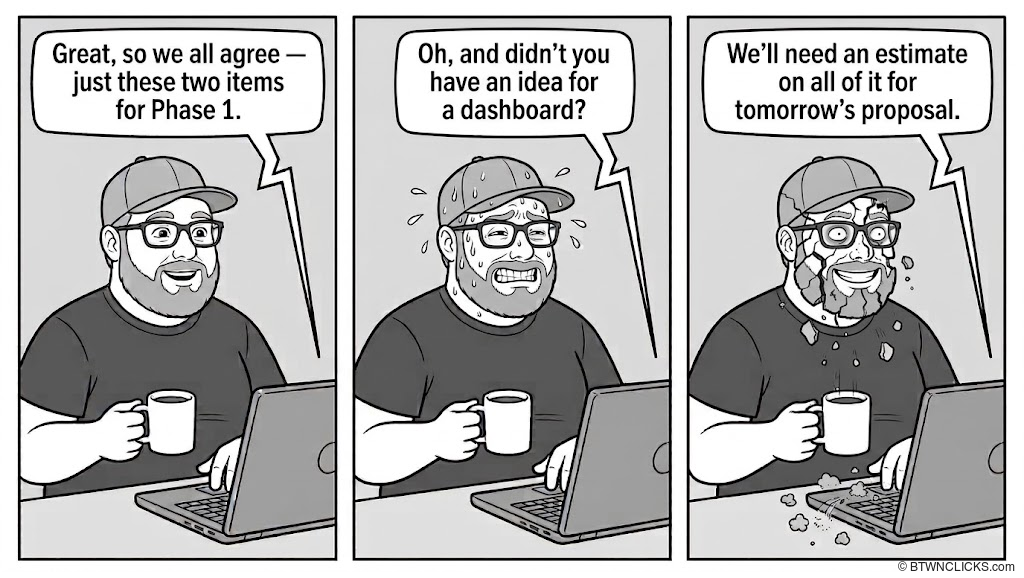 Panel 1: A bearded man in a baseball cap and glasses sits at a laptop holding a white coffee mug, smiling cheerfully. A jagged speech bubble from off-panel reads: 'Great, so we all agree — just these two items for Phase 1.' Panel 2: The same man, now sweating heavily with sweat drops flying off his cap, grimaces with clenched teeth, still gripping the mug. The off-panel speech bubble reads: 'Oh, and didn't you have an idea for a dashboard?' Panel 3: The man's face and torso have cracked and are crumbling into pieces. Chunks fall onto the laptop and desk, while he keeps a fixed, wide smile and wide eyes. The off-panel speech bubble reads: 'We'll need an estimate on all of it for tomorrow's proposal.'
